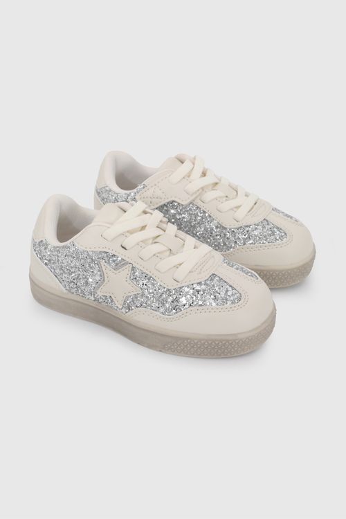 Zapatilla De Niña Plateada Con Cordón Elástico Y Velcro