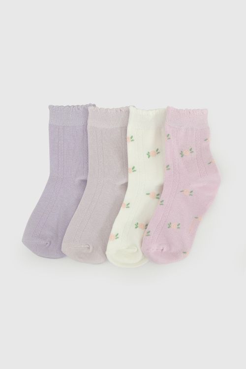 Pack Cuatro Medias Morado Flores De Niña