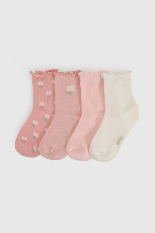 Pack Cuatro Medias Rosado Flores De Niña