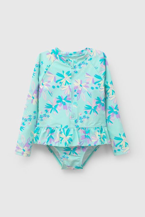 Enterizo Playa Uv Flores Verde  De Niña Infantil