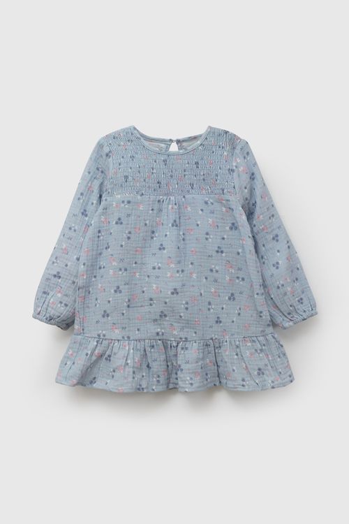 Vestido Infantil Celeste de Algodón con Estampado de Flores para Niña