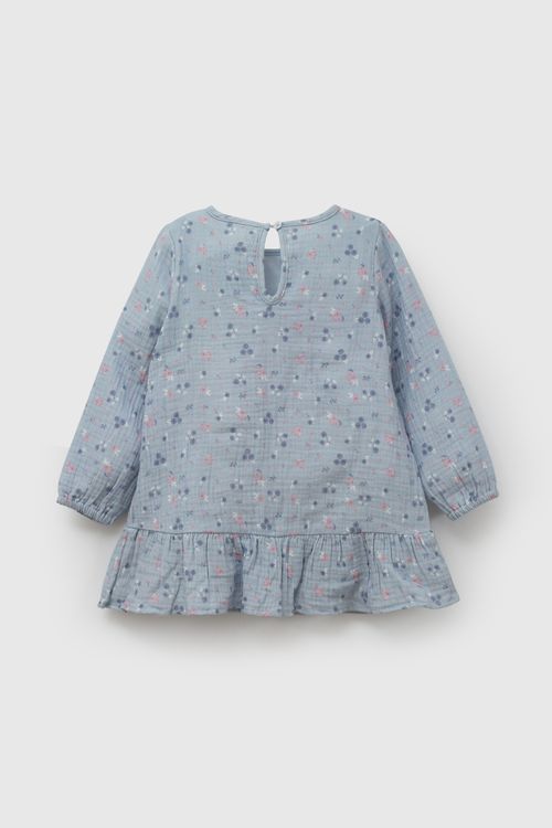Vestido Infantil Celeste de Algodón con Estampado de Flores para Niña