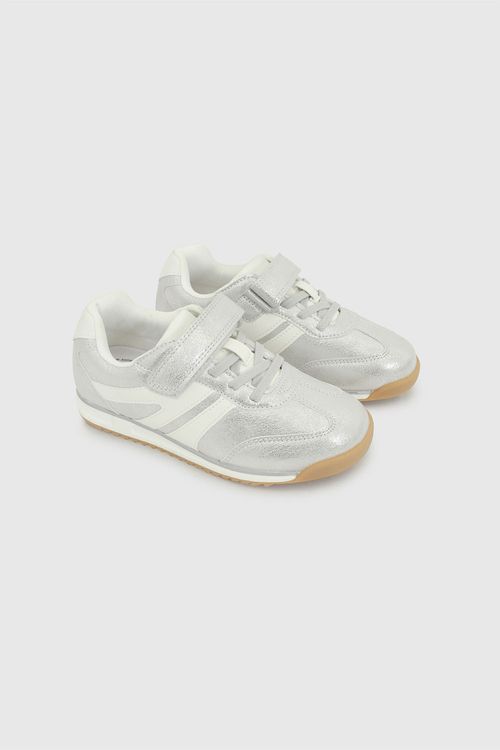 Zapatilla Plateada de Niña 100% Sintético con Velcro y Cordón Elástico
