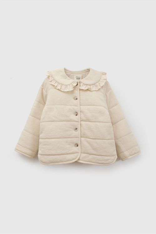 Chaqueta Infantil Beige de Algodón con Botones y Cuello Rayado para Niña