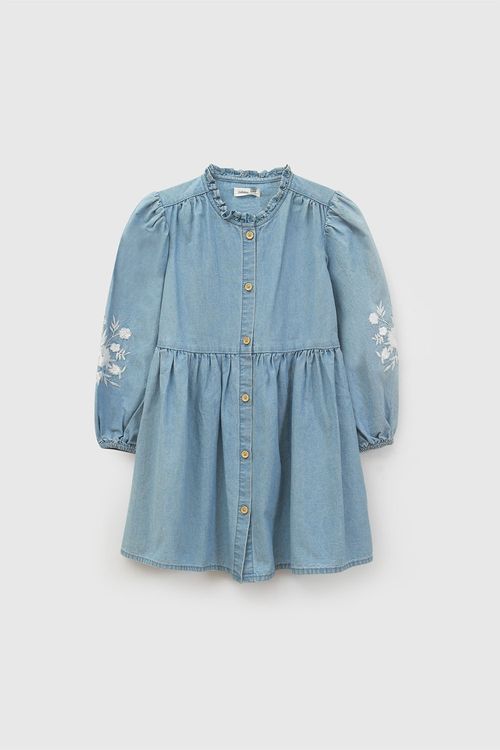 Vestido de Niña Celeste de Algodón con Flores Bordadas