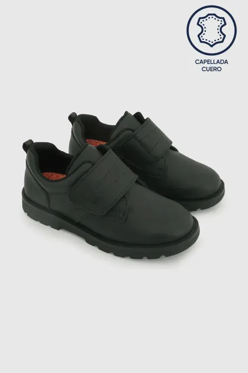Zapato Escolar Negro de Cuero con Velcro y Piezas Reflectantes