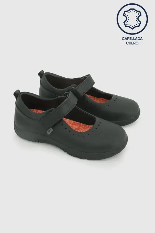 Zapato Escolar Negro con Velcro y Plantilla de Cuero con Memory Foam