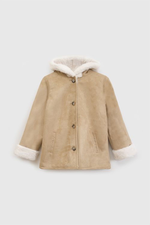 Chaqueta Doble Faz Efecto Piel Café de Poliéster para Niña