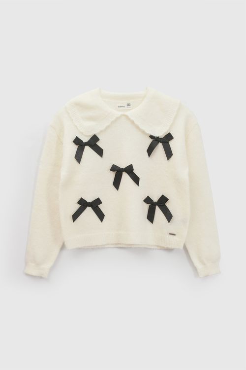 Sweater Niña Beige de Poliéster con Lana Acrílica y Detalle de Flores