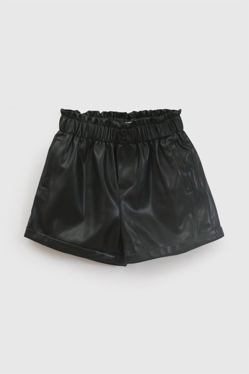 Short Efecto Piel Negro de Cuero Sintético para Niña