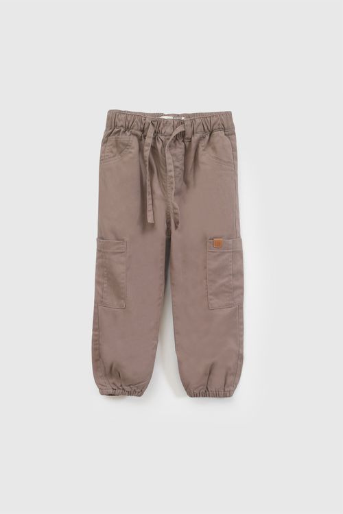 Pantalón Infantil de Gabardina Café con Cordones y Cintura Elasticada