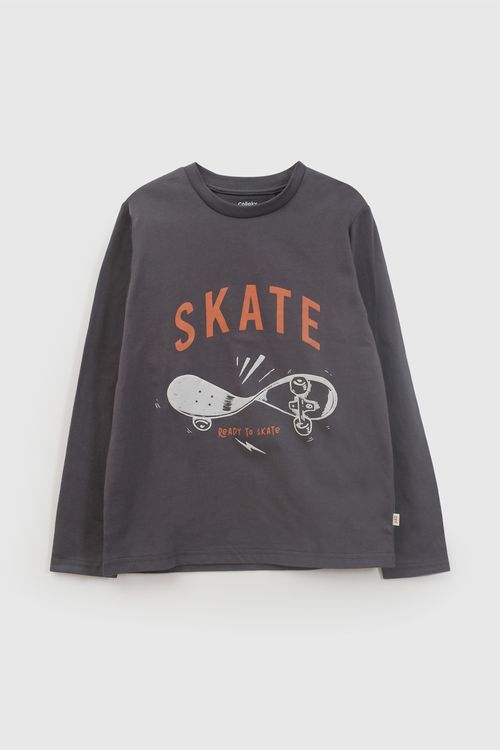 Polo Manga Larga Estampada Niño Gris con Estampado Divertido