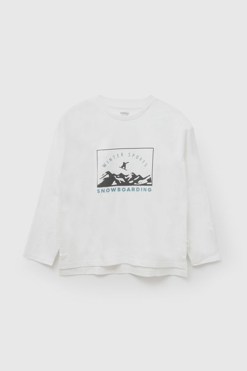 Polo Manga Larga Estampada de Niño Blanca con Algodón 100%