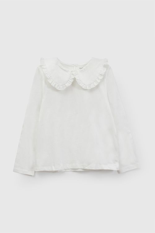 Polo Cuello Bobo de Niña Blanca con Botón