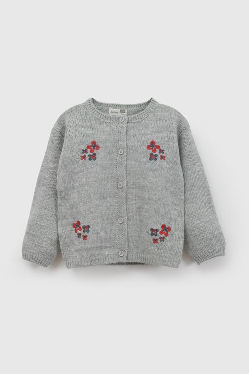 Chompa Bordado Flores Niña Gris con Botones