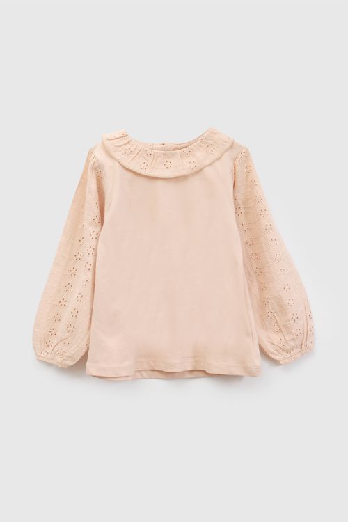Polo de Niña Rosada con Manga Broderie
