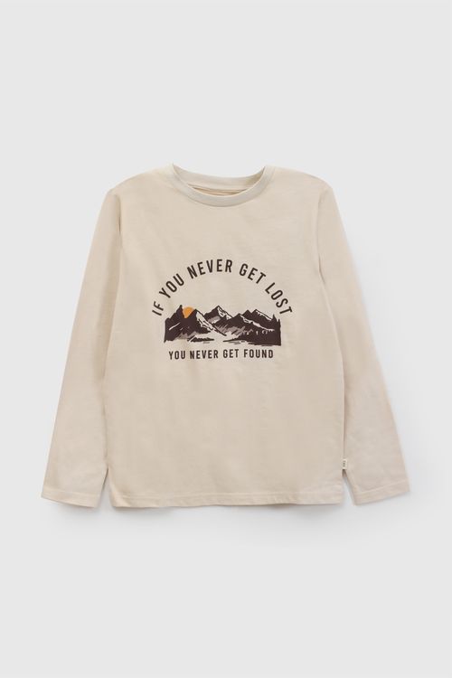 Polo Manga Larga Estampada Niño Beige con Estampado Divertido
