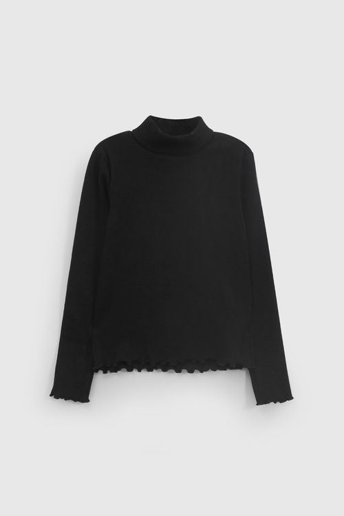 Polera Cafarena Rib de Niña Negra con Cuello Alto