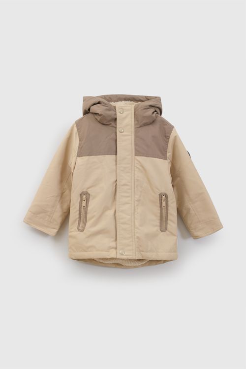 Casaca Bicolor con Gorro Beige para Niño con Cierre Frontal