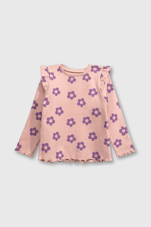 Polo Rosada de Puño Elasticada con Vuelo y Estampa Flores