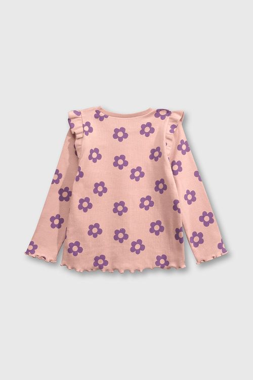 Polo Rosada de Puño Elasticada con Vuelo y Estampa Flores