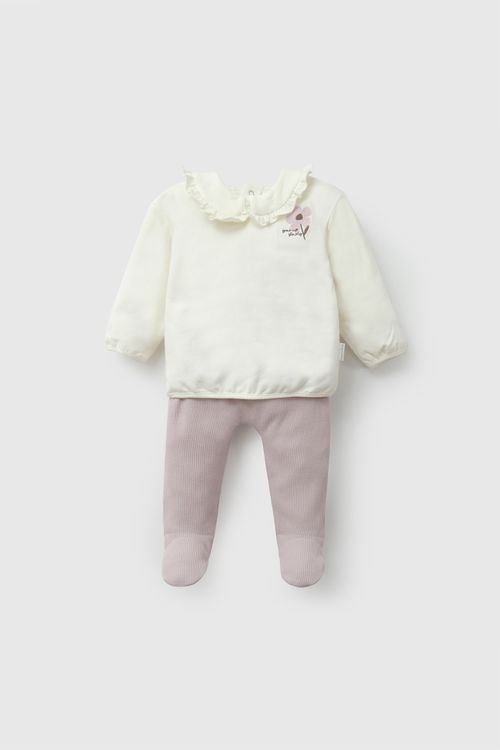 Conjunto flor bordada polycotton niña purpura RN a 6-9M